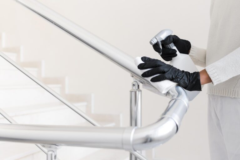hands with gloves disinfecting hand rail. High quality beautiful photo concept